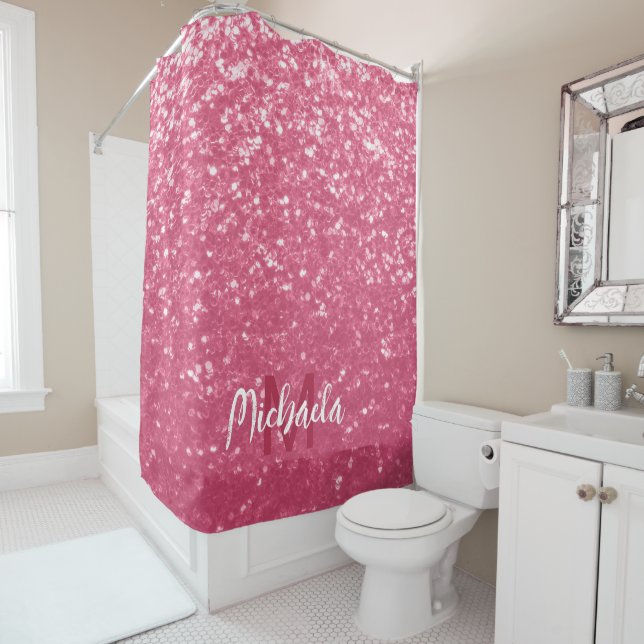 Light pink rose faux sparkles glitter Monogram Shower Curtain (In Situ)