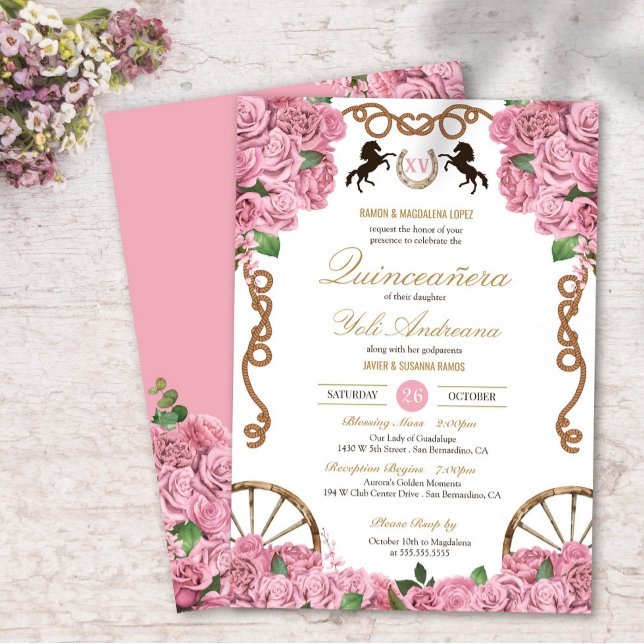 Light Pink Rose Floral Western Charra Quinceanera Invitation (Creator Uploaded)
