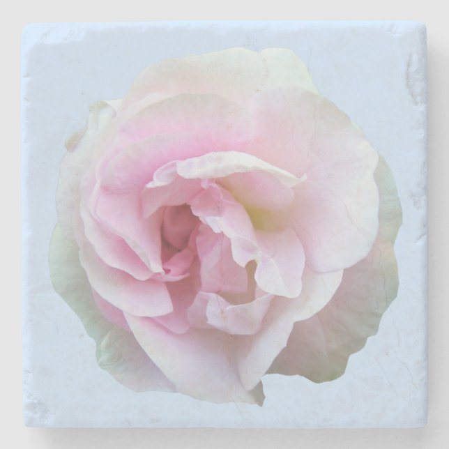 Light Pink Rose on Light Blue Stone Coaster (Front)
