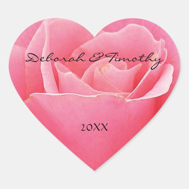 Light Pink Rose Personalised Heart Wedding Sticker (Front)