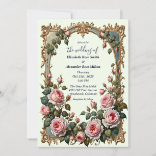 Light pink roses elegant art frame wedding invitation
