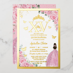 Light Pink Roses Floral Quinceanera Mis XV Gold