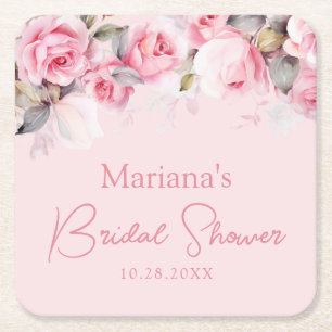 Light Pink Roses Floral Square Paper Coaster