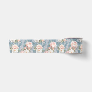Light Pink Roses on a Blue Background Satin Ribbon