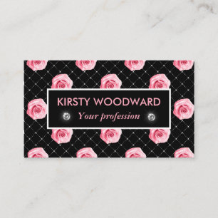 Light Pink Roses on Black & white diamond pattern Business Card