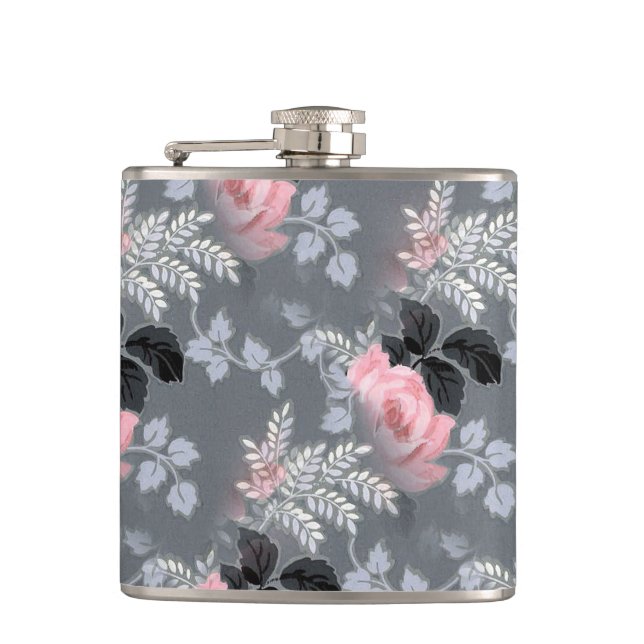 Light Pink Roses Pattern Hip Flask (Front)