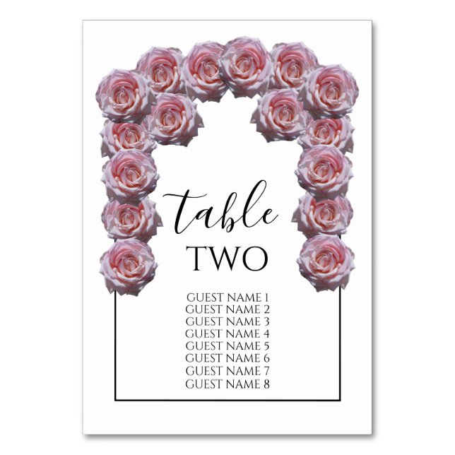 Light Pink Roses Wedding Guest Names Table Number (Front)