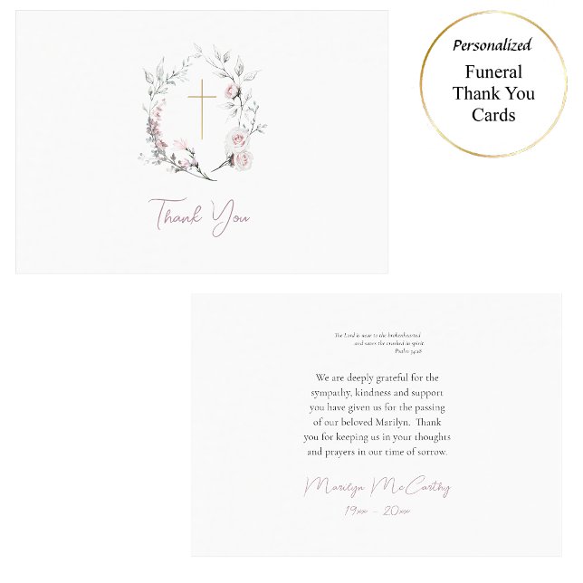 Light Pink Roses Wreath Roman Catholic Funeral Thank You Card (Creator Uploaded)