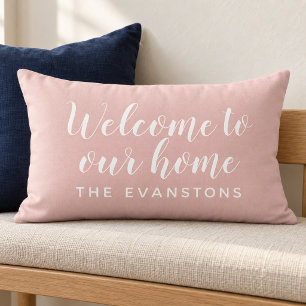 Light Pink Script Welcome to Our Home Lumbar Cushion