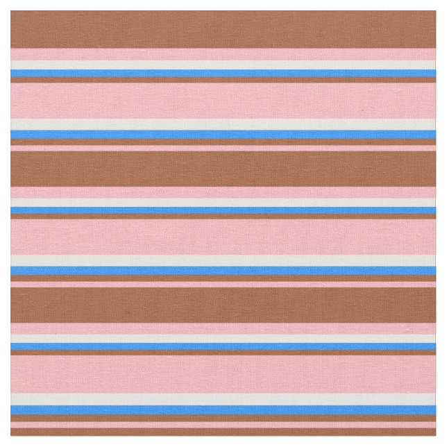 Light Pink, Sienna, Blue & White Stripes Fabric (Close Up)