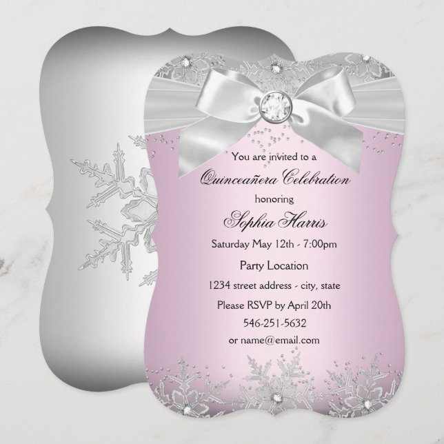 Light Pink Silver Jewel Bow Snowflake Quinceanera Invitation (Front/Back)