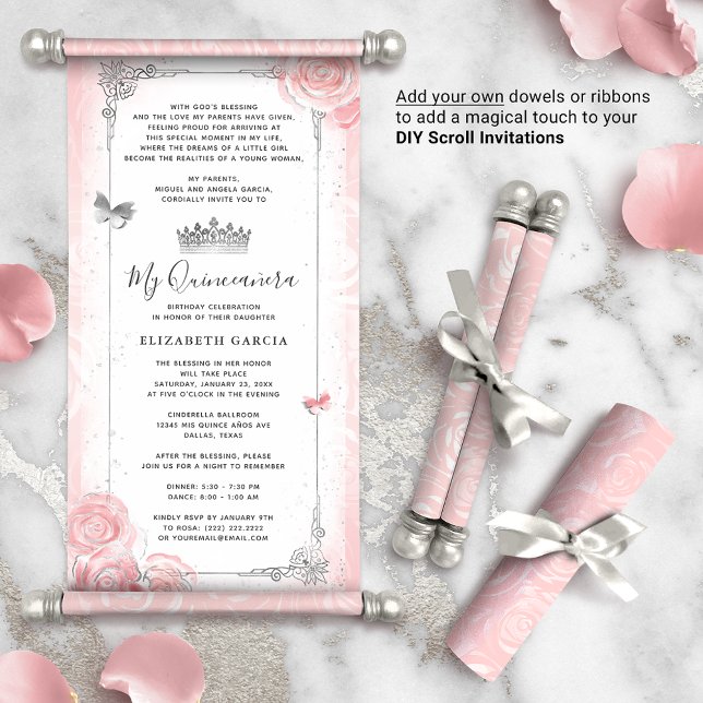 Light Pink Silver Quince DIY Scroll Invitations (DIY scrolls do not come with dowels. Add your own or roll up with a ribbon for a personalized touch!)