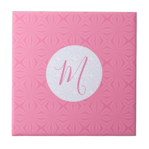 Light Pink Squiggly Squares Personalised Initial  Ceramic Tile