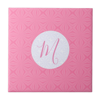 Light Pink Squiggly Squares Personalized Initial  Ceramic Tile