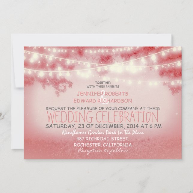 Light pink string of lights modern wedding invites (Front)