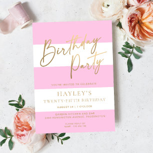 Light Pink Stripe Gold Birthday Invitation