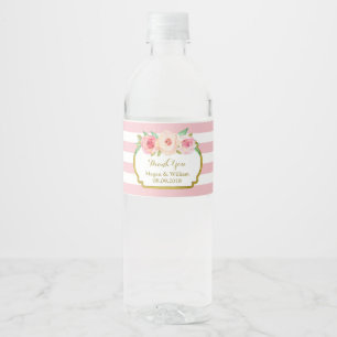 Light Pink Stripes Floral Gold Water Bottle Label