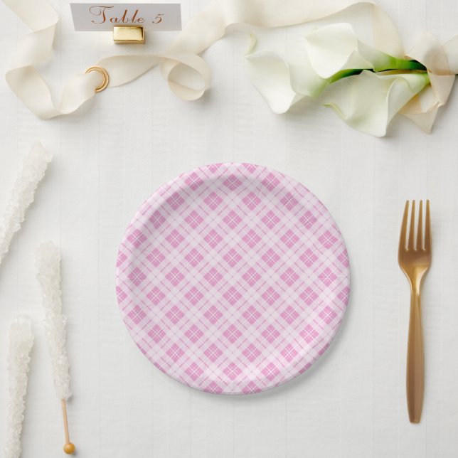 Light pink tartan Christmas holidays pattern Paper Plate (Wedding)