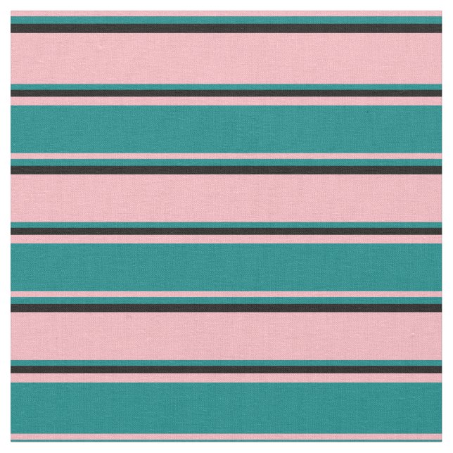 Light Pink, Teal & Black Coloured Stripes Fabric (Close Up)
