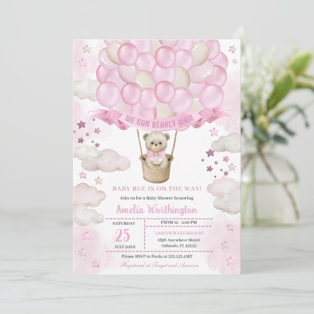 Light Pink Teddy Bear Hot Air Balloons Baby Shower Invitation (Standing Front)
