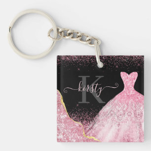 Light Pink Watercolor Glitter Dress Monogram Key Ring