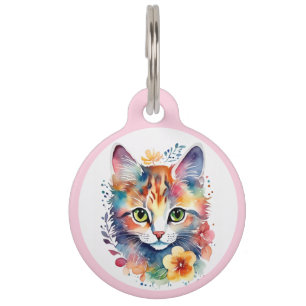 Light Pink Watercolor Style Floral Kitten Pet Tag