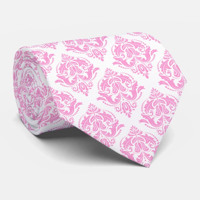 Light Pink & White Floral Damasks Tie (Rolled)