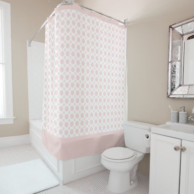 Light Pink White Polka Dot Coastal Pastel Blush Shower Curtain (In Situ)