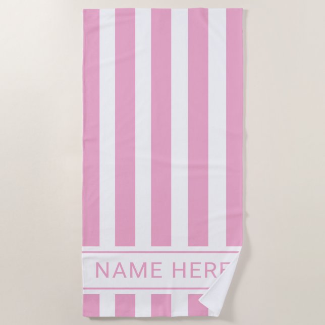 Light Pink White Striped Beach Towel with Name (Front)