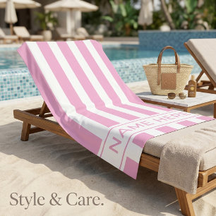 Light Pink White Striped Beach Towel with Name