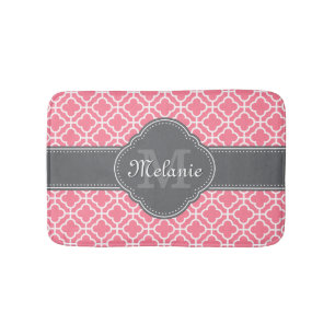Light Pink Wht Moroccan Pattern Dark Grey Monogram Bath Mat