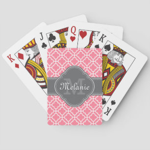 Light Pink Wht Moroccan Pattern Dark Grey Monogram Playing Cards