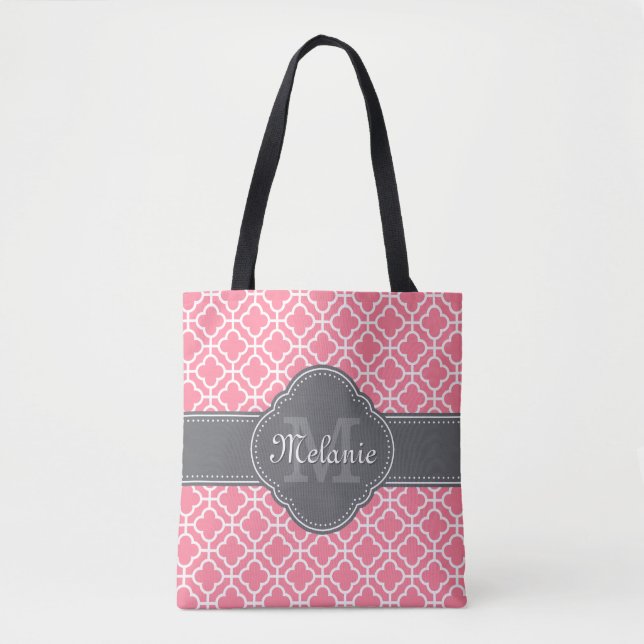 Light Pink Wht Moroccan Pattern Dark Grey Monogram Tote Bag (Front)