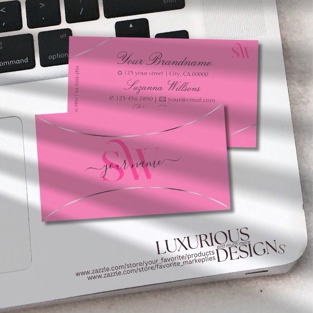 Light Pink with Silver Decor and Monogram Stylish Business Card (Creator Uploaded)