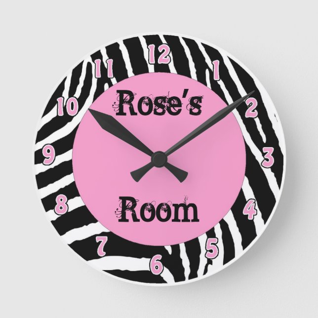 Light Pink Zebra Girls Room Wall Clock with Name (Front)