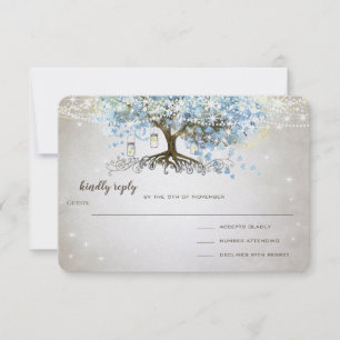 Light Powder Blue Heart Leaf Tree Wedding RSVP Card