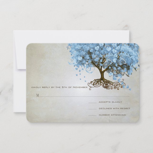 Light Powder Blue Heart Leaf Tree Wedding RSVP Card (Front)