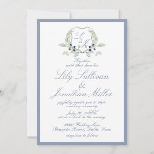 Light Powder Blue Romantic Monogram Crest Wedding Invitation