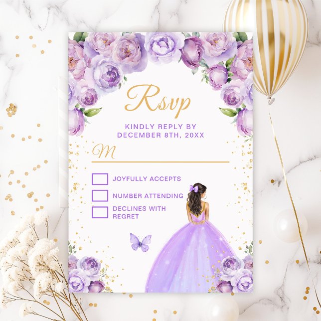 Light Purple and Gold Brunette Hair Princess RSVP Card (Creator Uploaded)