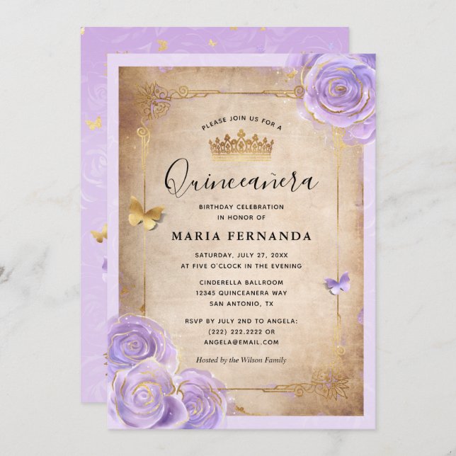 Light Purple and Gold Rose Elegant Quinceanera Invitation (Front/Back)