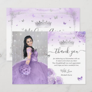 Light Purple and Silver Quinceañera Photo Birthday Thank You Card