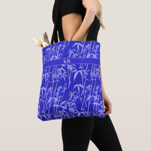 Light purple bamboo pattern on blue with initials tote bag