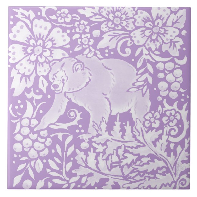 Light Purple Bear Floral Woodland Nature Ceramic Tile (Front)