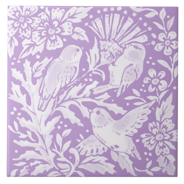 Light Purple Birds on Thistle Floral Woodland Ceramic Tile (Front)
