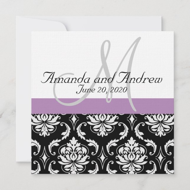 Light Purple Black Damask Names Wedding Invitation (Front)