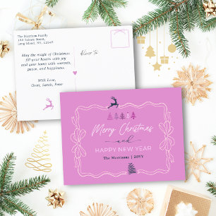 Light Purple: Bow & Trees Doodles Holiday Postcard