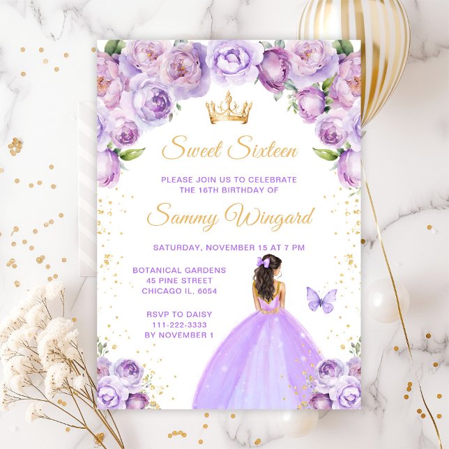 Light Purple Brunette Hair Princess Sweet Sixteen Invitation (Creator Uploaded)