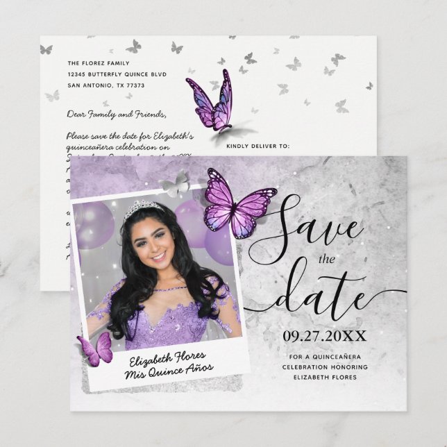 Light Purple Butterfly Photo Save the Date Announcement Postcard (Front/Back)