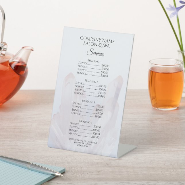 Light Purple Crystals Spa Salon Services Menu Pedestal Sign (In SItu)