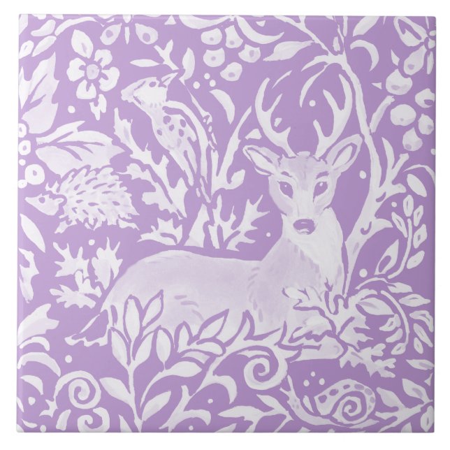 Light Purple Deer Bird Hedgehog Woodland Nature Ceramic Tile (Front)